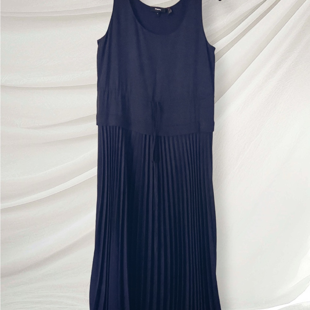 Theory Navy Pleated Satin Midi Dress Drawstring Waist Size Petite P /TP